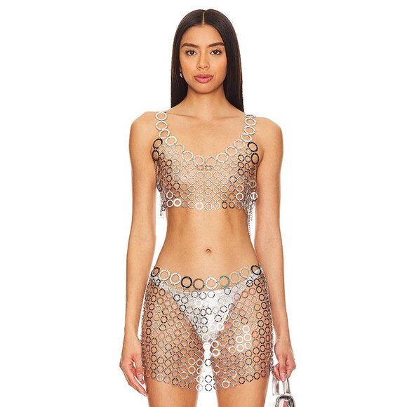 h:ours Womens Metal Top in Silver Large New Cropped Chainmail - Picture 1 of 10